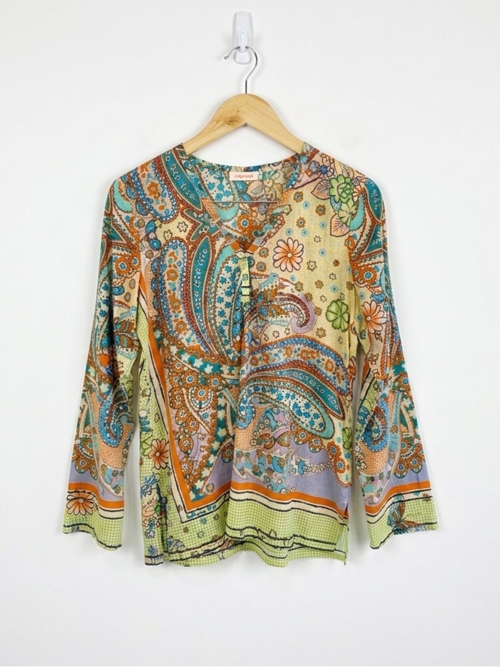 Johnny Was Mixed Print Paisley Butterfly Cotton Henley Top XS‎ Boho Lagenlook